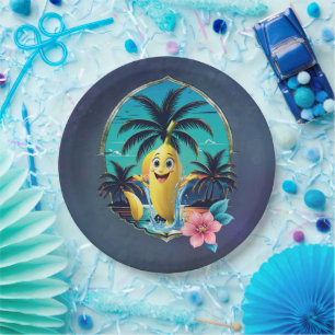 Banane aus niedlichem Cartoon am tropischen Strand Pappteller
