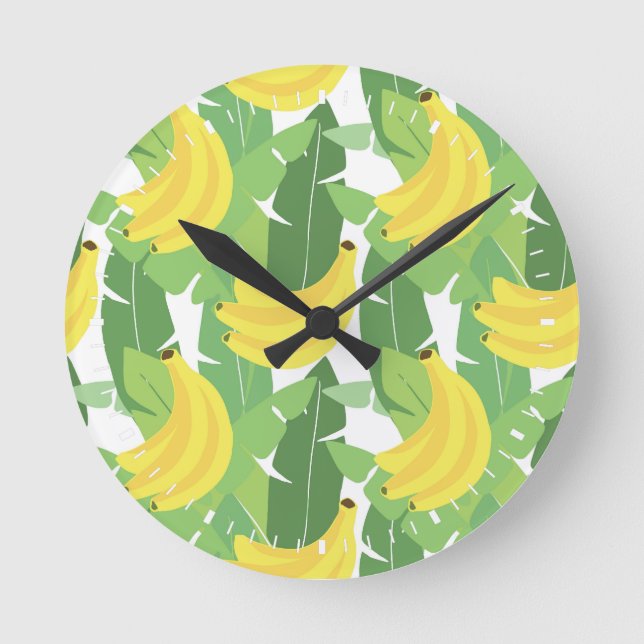 Bananen-Blätter und Frucht-Muster Runde Wanduhr (Vorderseite)