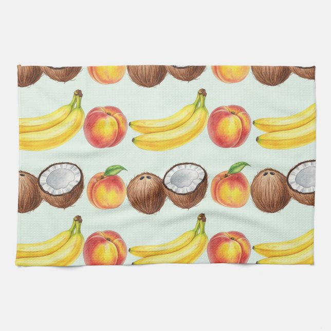 Bananen, Pfirsiche und Kokosnüsse von Natasha Us Geschirrtuch (Horizontal)