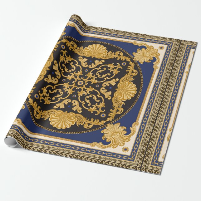 Bandana-Druck auf schwarzem und blauem Hintergrund Geschenkpapier (Ungerollt)