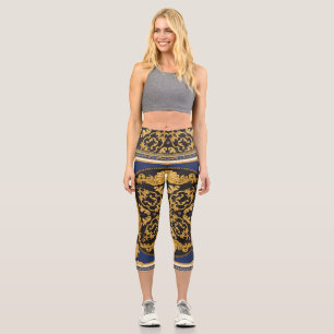 Bandana Print: Black Blue Gold. Capri Leggings