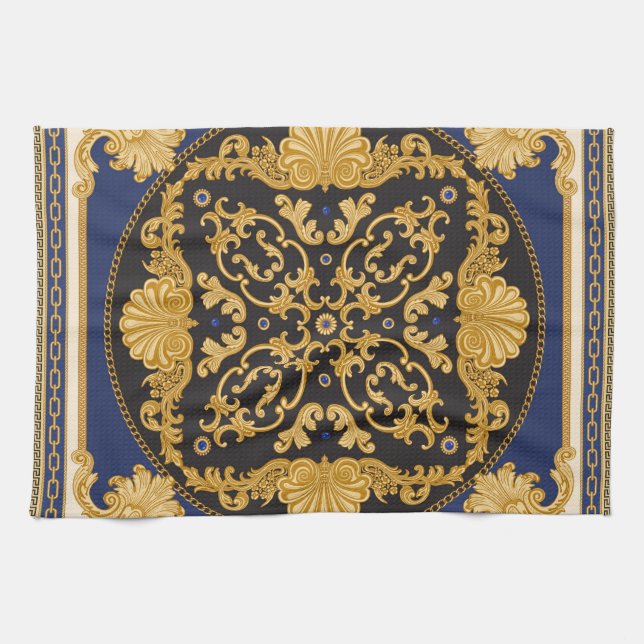 Bandana Print: Black Blue Gold. Geschirrtuch (Horizontal)