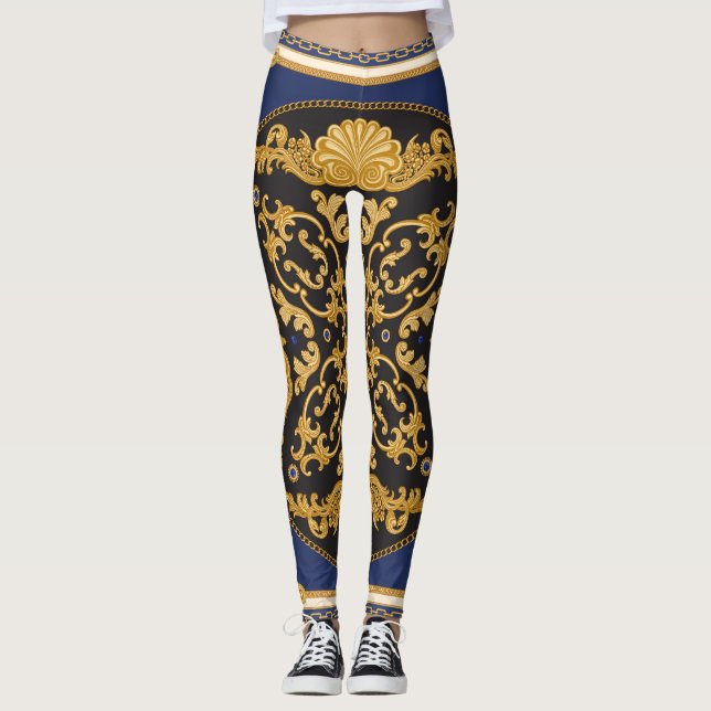 Bandana Print: Black Blue Gold. Leggings (Vorderseite)