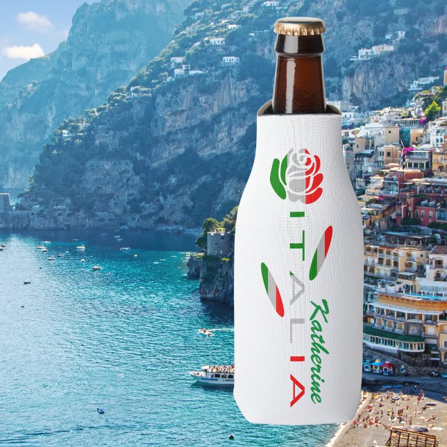Bandiera d'Italia Rosa Personalisiert Flaschenkühler (Personalized bottle cooler wirh rose and ITALIA for stem in colors of the Italian flag.)