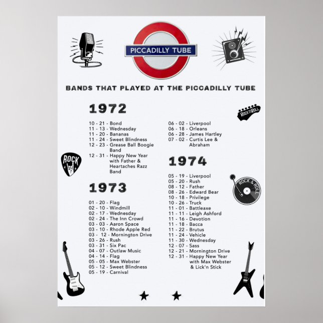 Bands - Piccadilly Tube 1972 1973 1974 Poster (Vorne)