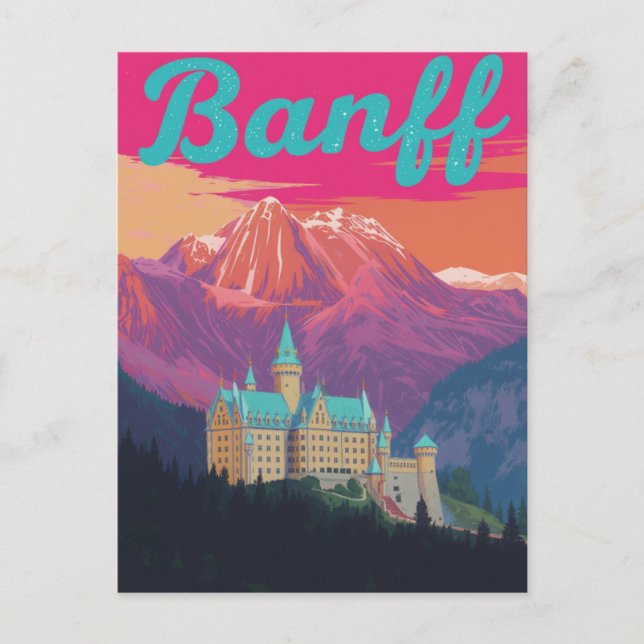 Banff Castle Mountains Retro Art Postkarte (Vorderseite)