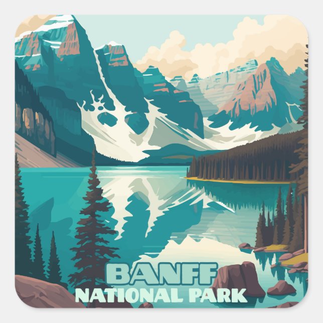 Banff Nationalpark Moraine Lago Retro Quadratischer Aufkleber (Vorderseite)