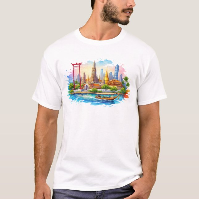 Bangkok landmarks with temples river and city skyl T-Shirt (Vorderseite)
