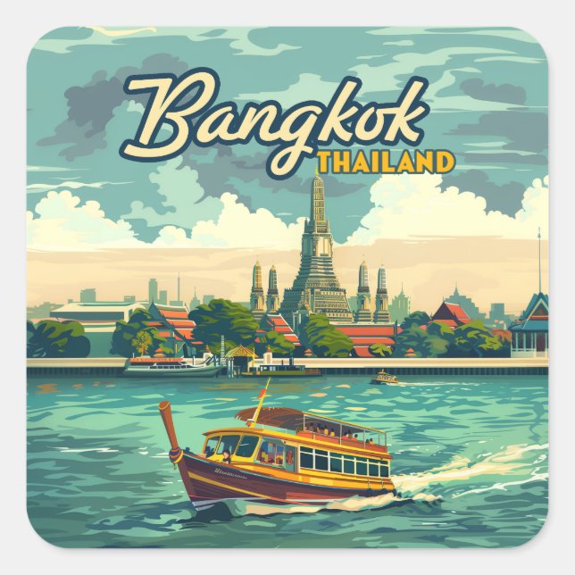 Bangkok Thailand Asia Vintage Travel Tempel Quadratischer Aufkleber (Vorderseite)