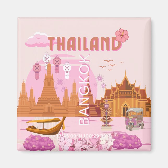 Bangkok Thailand Boho Retro Reiseplakat Magnet (Vorne)