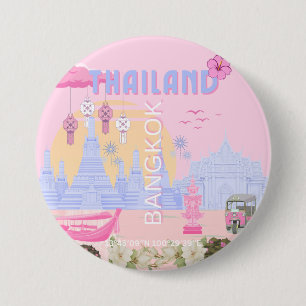 Bangkok Thailand Pastell Rosa Blau Reiseplakat Button