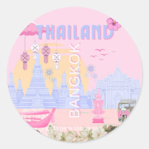 Bangkok Thailand Pastell Rosa Blau Reiseplakat Runder Aufkleber