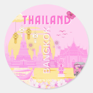 Bangkok Thailand Reiseplakat Rosa Retro-Kunst Runder Aufkleber