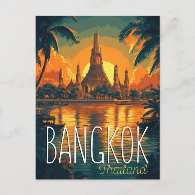 Bangkok, Wat Arun Temple Retro Travel Postkarte (Vorderseite)