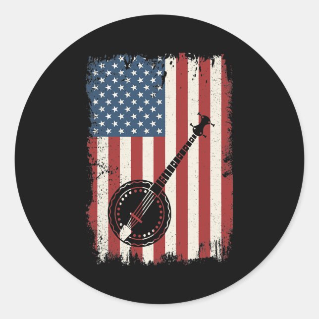 Banjo American Flag Musician Bluegrass Theater Runder Aufkleber (Vorderseite)