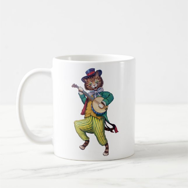 Banjo (Gitarre) Spielerkatze, Louis Wain Kaffeetasse (Links)