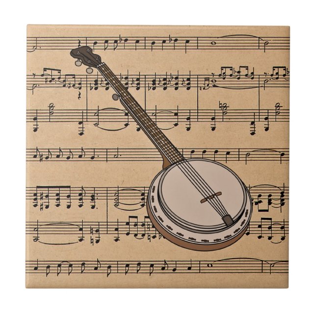 Banjo mit Notenhintergrund Fliese (Vorderseite)
