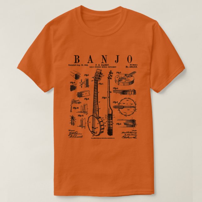Banjo Musical Instrument Vintages Patent Gezeichne T-Shirt (Design vorne)