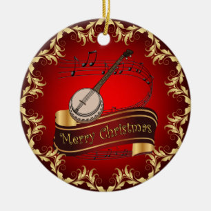 Banjo ~ Musical Scroll ~ Frohe Weihnachten ~ * Keramik Ornament