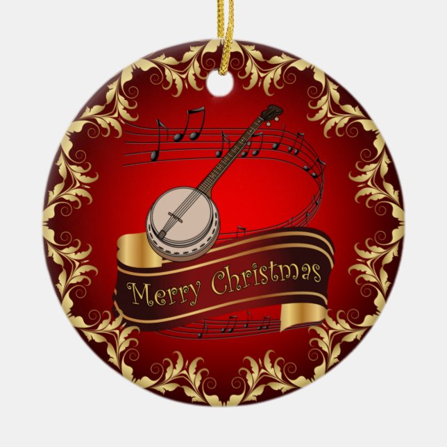 Banjo ~ Musical Scroll ~ Frohe Weihnachten ~ * Keramik Ornament (Vorne)