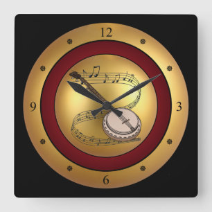Banjo~Musical Scroll~Gold/Maroon/Black Background Quadratische Wanduhr