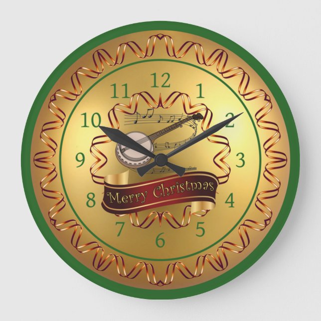 Banjo Musical Scroll "Merry Christmas" Große Wanduhr (Vorderseite)