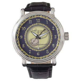 Banjo ~ Musikalische Scroll ~ Gold/Navy Blue ~ Armbanduhr