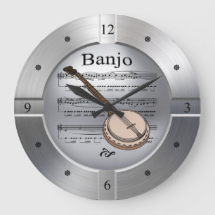 Banjo ~ Sheet Music ~ Brushed Silver Color ~ Große Wanduhr