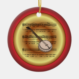 Banjo ~ Sheet Music ~ Rot/Grün/Gold ~ Weihnachten Keramik Ornament