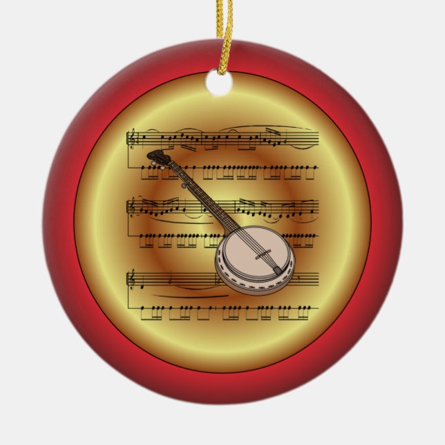 Banjo ~ Sheet Music ~ Rot/Grün/Gold ~ Weihnachten Keramik Ornament (Vorne)