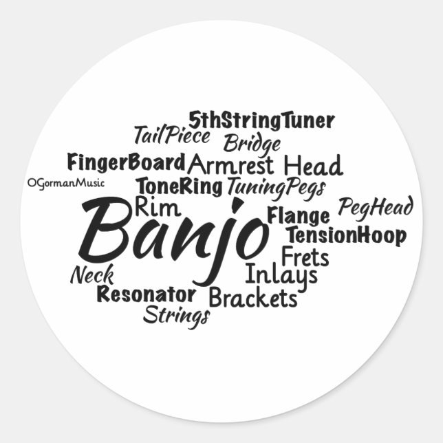 Banjo Word Cloud Black Text Runder Aufkleber (Vorderseite)