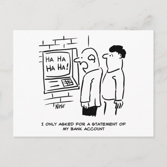 Bankautomat lacht beim Kunden Postkarte (Vorderseite)