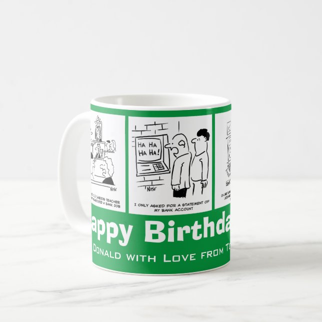 Banken, Banker & Banker Cartoon. Funny Kaffeetasse (Vorderseite Links)