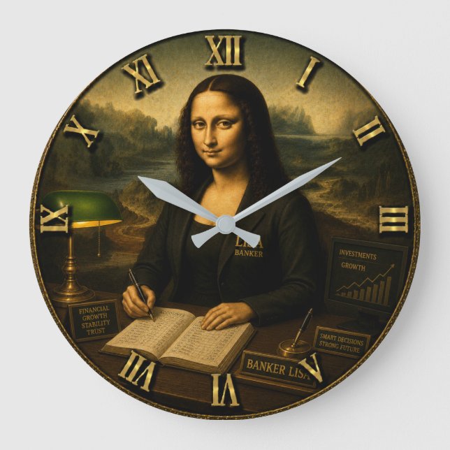 Banker Funny Mona Lisa  Große Wanduhr (Vorderseite)