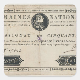 Banknote mit 50 Livren, am 29. Oktober 1790 Quadratischer Aufkleber