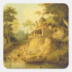 Banks of the Ganges, c.1820-30 (Öl auf Leinwand) Quadratischer Aufkleber