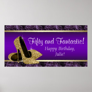 Banner der Geburtstagsparty mit lila Gold High Hee Poster