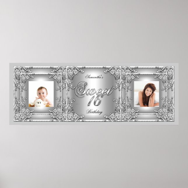 Banner Foto Sweet 16 Party Silver Floral Poster (Vorne)