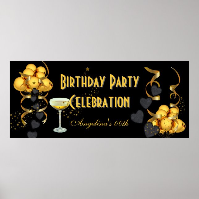 Banner Geburtstagsparty Feier Black Gold Poster (Vorne)