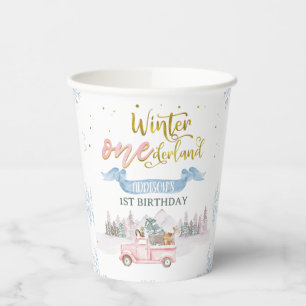 Banner mit rosa Lastwagen Winter Onederland Geburt Pappbecher