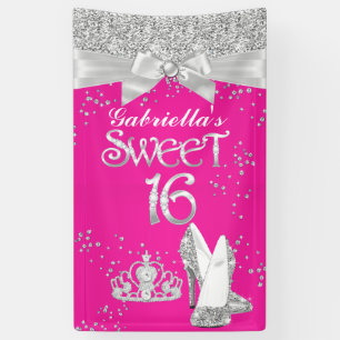 Banner Sparkle Tiara Heelse Sweet 16 Hot Pink