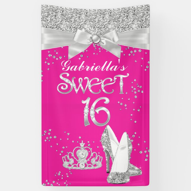 Banner Sparkle Tiara Heelse Sweet 16 Hot Pink (Vertikal)