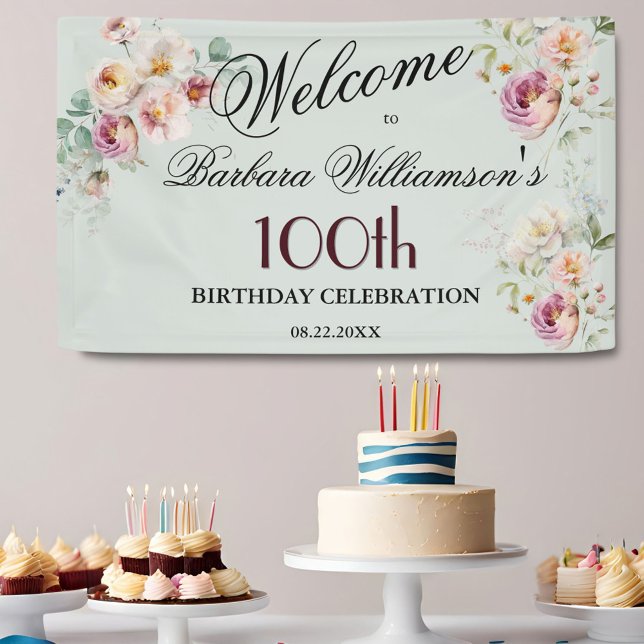 Banner Wasserfarben Blumen 100. Geburtstag Willkom (Von Creator hochgeladen)