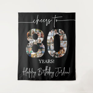 Banner zur 80. Geburtstags-Fotocollage in Schwarz Wandteppich