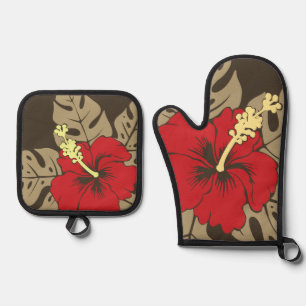 Banzai Beach Hawaiian Hibiscus Floral Braun Ofenhandschuh & Topflappen-Set