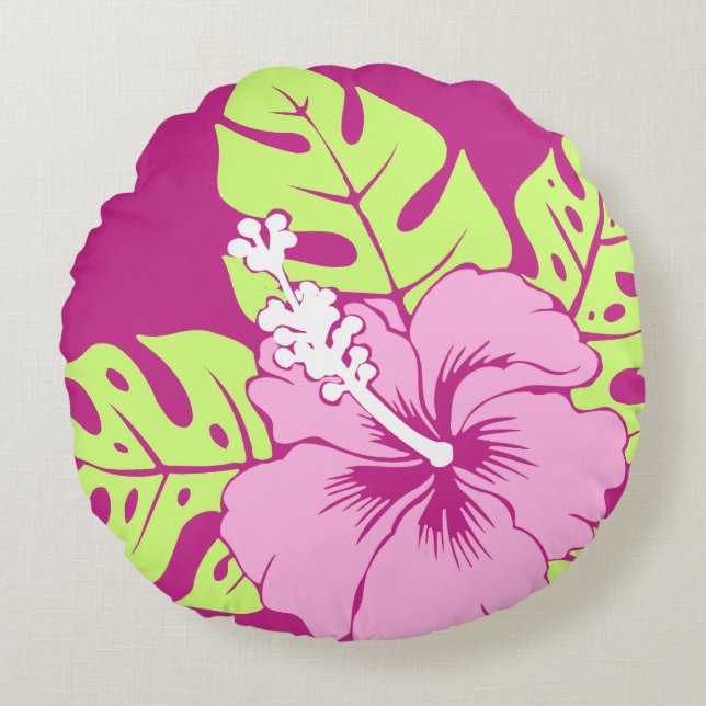 Banzai Beach Hawaiian Hibiskus Reversible Rundes Kissen (Vorderseite)