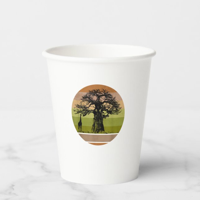 Baobab Tree und Giraffe Retro African Sunset Pappbecher (Vorderseite)