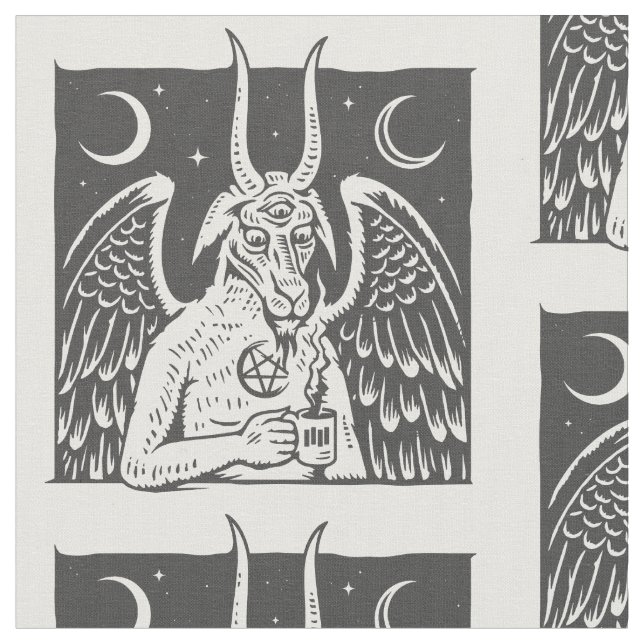Baphomet Pentagram Moon Kaffeemödeme weiß Stoff (Nahaufnahme)