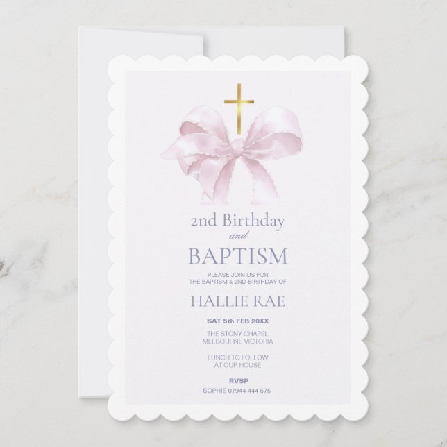 Baptism and 2nd Birthday Modern Pink Bow Einladung (Vorderseite)