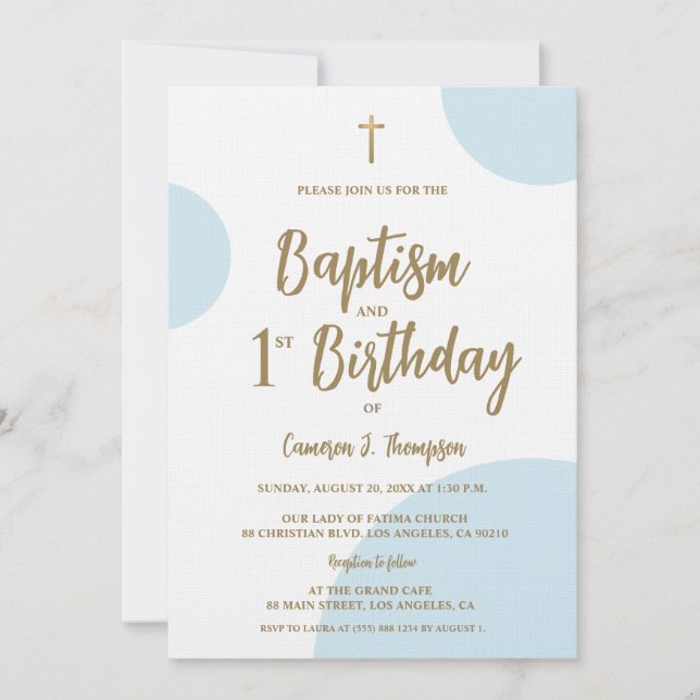 Baptism and First Birthday with Cross Blue Gold Einladung (Vorderseite)